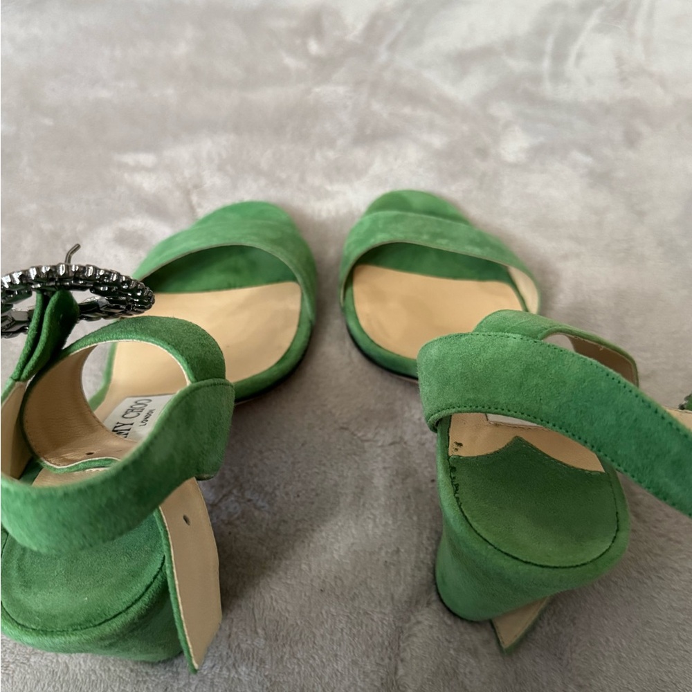 Jimmy Choo Green Suede Sandals with Crystal Buckle - Picture 4 of 5